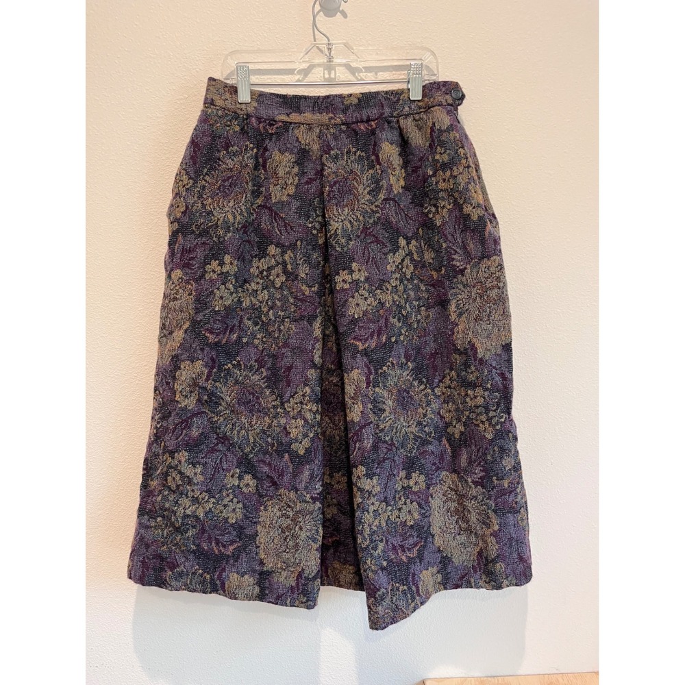 Geiger Austria Vintage Pure Wool Floral Tapestry Midi Skirt Purple Blue Gold 40